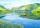 A painting of two men fishing on Tal-y-Llyn, Wales by Margaret Heath RSMA.